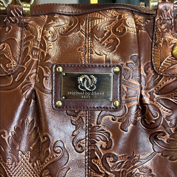 Sharif Bronze Floral Embossed Leather Satchel 14”x 9.5”x 5.25” NWOT - Picture 3 of 9